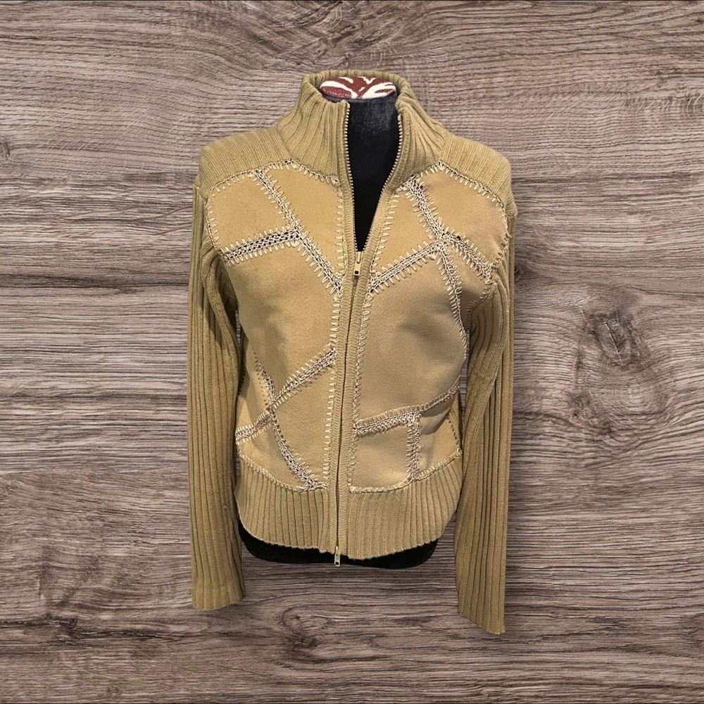 Great American Sweater Co. Women’s Faux Suede Patchwork Zip Front Sweater Large